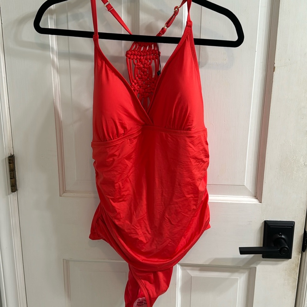 Coral Red Macrame Bathing Suite Sz 14 *runs small